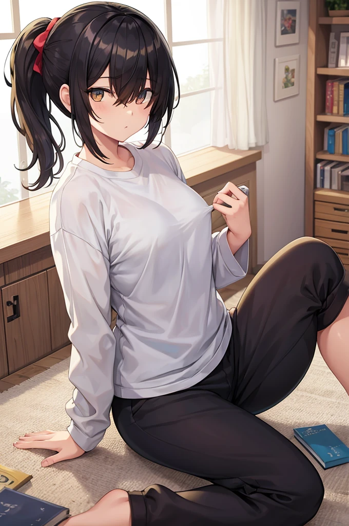 woman, hair over one eye, golden eyes, Tomboy, sitting on the ground, white shirt, black sweatpants, looking at viewer, window, short hair with a ponytail, books lying around, bedroom background