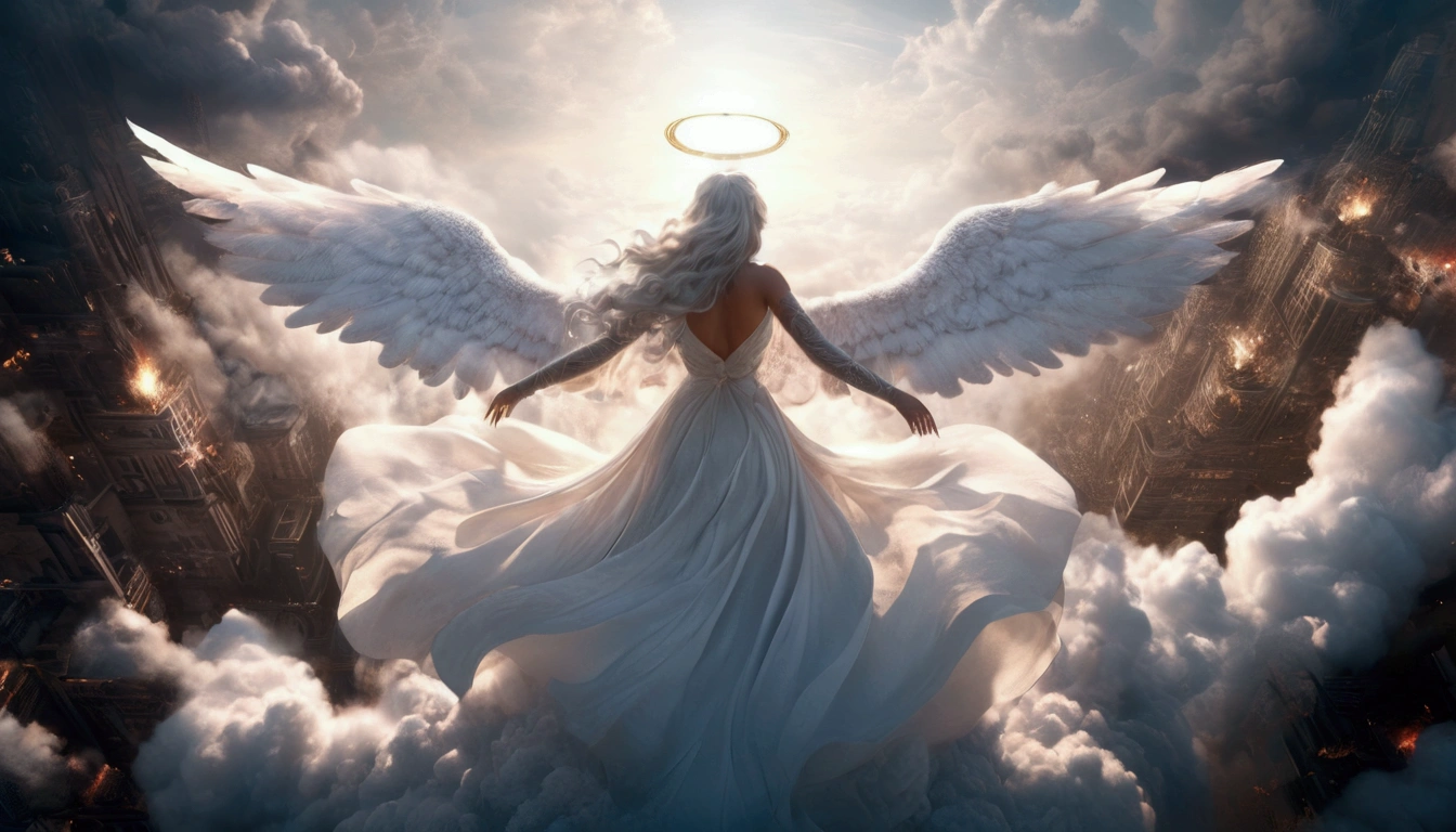 
A (back view:1.5) of a very beautiful female angel\(long platinum hair, wide-backed white dress,(big beautiful angel wing from her scapula),very beautiful shiny halo\), she is spreading her arms wide and gently as if seeking salvation, she is above the clouds looking down on the world below, a fierce war\((so many sparks and fires), missles, battle plane, many buildings collapsing, nature being destroyed, a magnificent andspectacular scenery\) is taking place below the clouds, BREAK ,quality\(8k,wallpaper of extremely detailed CG unit, ​masterpiece,hight resolution,top-quality,top-quality real texture skin,hyper realisitic,increase the resolution,RAW photos,best qualtiy,highly detailed,the wallpaper,cinematic lighting,ray trace,golden ratio\),[nsfw],dynamic angle,[nsfw],from above