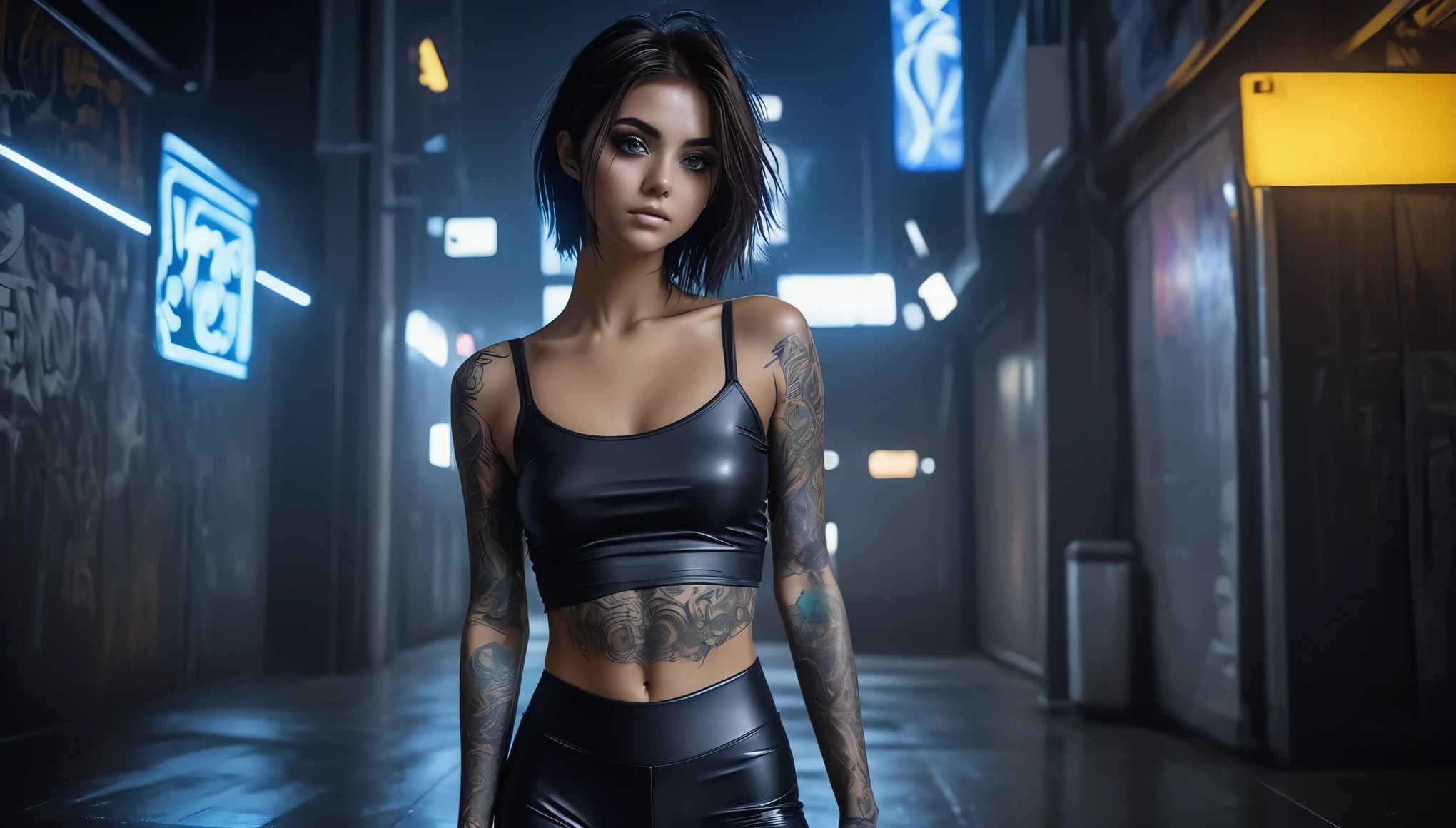 Top Quality, Masterpiece, High Resolution, 8k, full body shot, wide view, (((skinny girl in a wide opened oversize synthetic blouse and wetlook leggings, wide neckline, deep neckline, beautiful detailed eyes, small closed mouth, extremely detailed face, long pixie asymmetrical hair style, small hips, at night, dim lighting, look behind, cyberpunk, tattoo, neon))) 