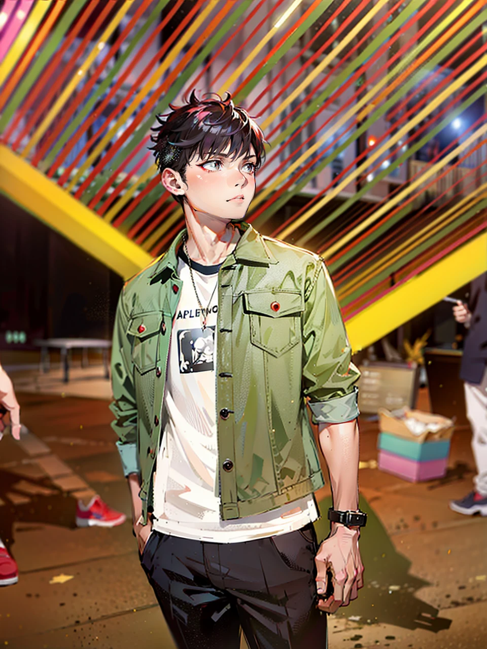 a handsome, dashing, young man in the manga series "Jujutsu Kaisen" named, Ita Dori Yuji" with his characteristic clothes, black hoodie, and red shoes, pink hair, with high quality anime photo resolution HD, 4K. with a sparkling background light, fantasy that saves the body, as well as dynamic effects, urban atmosphere, cyberpunk,.AND STANDING IN THE MIDDLE OF THE CITY while holding a katana.