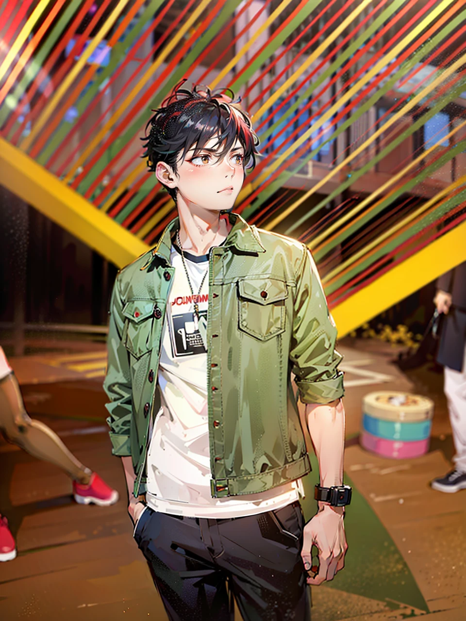 a handsome, dashing, young man in the manga series "Jujutsu Kaisen" named, Ita Dori Yuji" with his characteristic clothes, black hoodie, and red shoes, pink hair, with high quality anime photo resolution HD, 4K. with a sparkling background light, fantasy that saves the body, as well as dynamic effects, urban atmosphere, cyberpunk,.AND STANDING IN THE MIDDLE OF THE CITY while holding a katana.