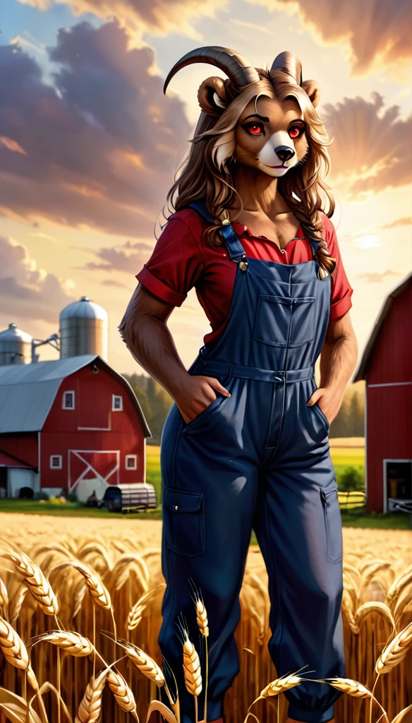 (zPDXL2),  score_9_up, painterly, faux traditional media, realistic, BREAK
1girl, solo, fullbody, (bear:1.2), (long wavy hair, bun hairstyle), glowing red eyes, (ram horns:1.2), (bear ears, bear tail), tanned skin, farmer jumpsuit, wheat farm background, BREAK
AissistXLv2, unaestheticXL_bp5, SimplePositiveXLv2, zPDXL2 PonyXLV6_Scores