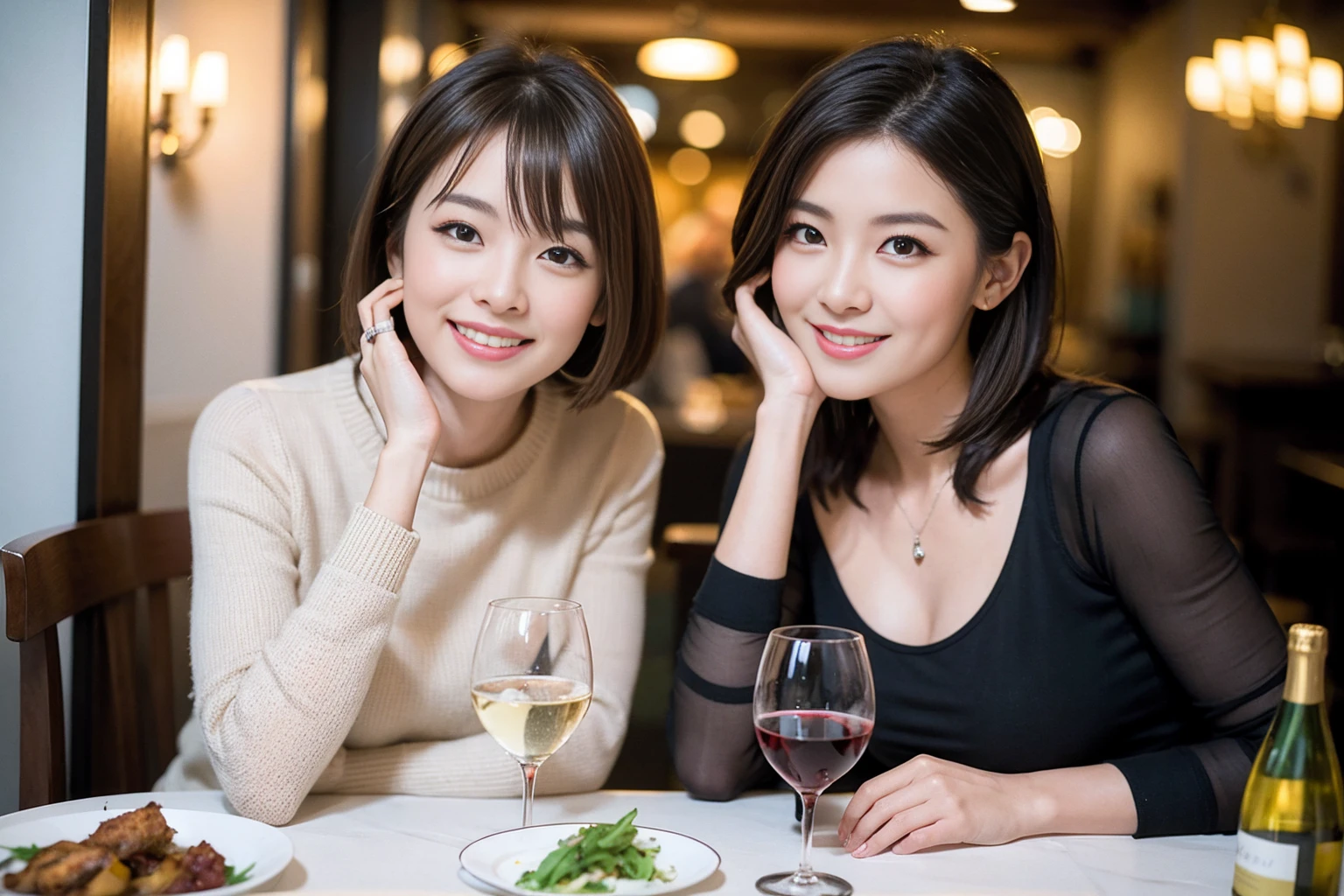 ((Highest quality、8K、masterpiece:1.3))、Shortcuts、cute、slimカップル、modelカップル、actress男優、(Realistic, Intricate details:1.2), full-course dinner、Wine Party、Amazing view of the sunset sky and clouds、A bright smile、short hair,Bright Face、 (Age 45), 42 years old, red wine 、Appetizers、Italian food、Wine bottle、Champagne、sparkling wine、Two beauties、Brown Hair、Shortcuts、Long sleeve shirt、dress、Beautiful woman 1, (slimな顔), (The body is slim), (Brown Hair), (Shortcuts), cheeks turn a little red,Attractive beauty、restaurant, In a prominent place (From the waist up) Nova Frog Style, actress, model, Upper Body, White wine, slim, wine glass, 中央に置かれたwine glass, smile, (smile: 1.15), Beautiful fine grain, Depth f/2,saturation, High Contrast, Strong light and shadow,Moist Body:1.5、3D texture、Delicate eyes、Brown Hair、The hair is very shiny、