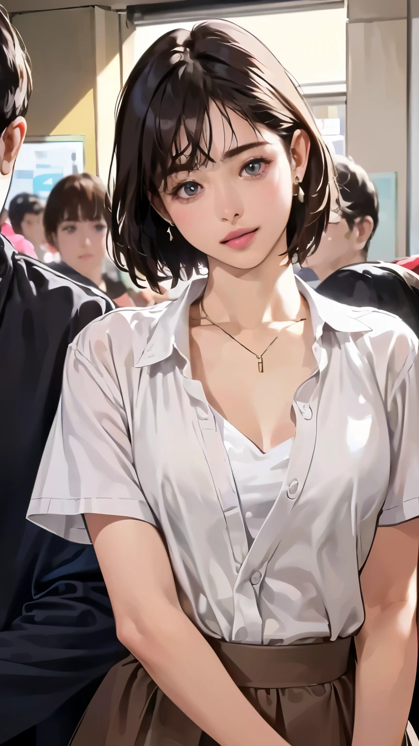 (In 8K、RAW shooting、Highest quality、Masseter muscle area:1.2)、Ultra-detailed、Ultra-high resolution、(Realistic、Realistic photos:1.37)、Portrait、High-resolution RAW color photos、Professional photography、hVery detailed and beautiful、Very detailed、8k wallpaper、Incredibly detailed、Large file size、Official Art、HVery detailed CG Unity 8K wallpapers、hVery detailed beautiful girl、Very detailed顔、Very detailed目、Very detailed皮膚、Very detailed指、hVery detailed nose、Very detailed詳細な口、Perfect Anatomy、Detailed Background、Detailed clothing、1people、(20:1.2)、20th Generation、cute、Realistic body、、White skin、Glowing Skin、The body is slim、Black Hair、((short hair))、((Neat bangs: 1.5))、cute顔、A vivid face、Delicate eyes、((Pink and white short sleeve shirt))、((Black Mini Skirt))、((Plain Feet))、((Full Body Shot))、Earrings、necklace、((Unbuttoned shirt))、((Open shirt))、Cowboy Shot、Contrapo、Dynamic Lighting、((Firm D-cup milk))、((In a crowded train))、((male1people))、((30:1.5))、((a man hugs her from behind))、((maleがシャツを開ける、Exposing the breastaleの首に腕を回す))、((a man is grabbing her breasts))、((Standing posture))、(The mini skirt sways sexily: 1.3)、(白いOpen shirt:1.5)、((Sad look))、((She turned around and kissed the man.))、((maleの視点))、((necklace、Earrings))