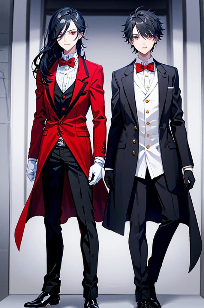 A man has long, dark black hair and teeth resembling those of a shark. His typical attire consists of a red vest, a white and red striped bow tie, black gloves, and red high-heeled ankle boots. Additionally, he wears a black coat, which he wears without covering his shoulders, hanging from his elbows.