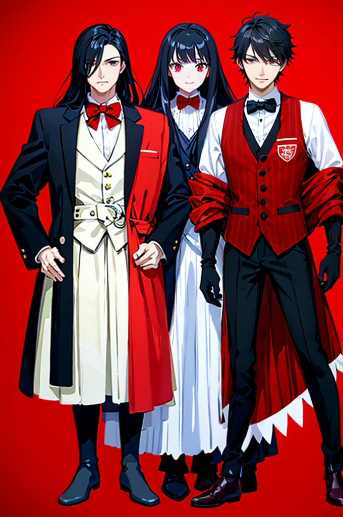 A man has long, dark black hair and teeth resembling those of a shark. His typical attire consists of a red vest, a white and red striped bow tie, black gloves, and red high-heeled ankle boots. Additionally, he wears a black coat, which he wears without covering his shoulders, hanging from his elbows.