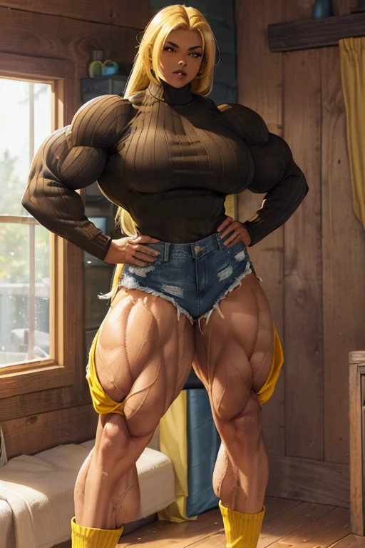 (((((Massive tall beautiful, buff, light brown skinned muscular woman with yellow hair, black lipstick, ginormous bulky muscles, hands on hips and wearing a yellow long sleeve turtleneck sweater and beautiful denim shorts))))), (close view), massive muscles, massive biceps, hyper muscle shoulders, hyper muscle triceps, (long flowing hair), gray eyes, ((yellow long sleeve turtleneck sweater)), ((beautiful denim shorts)), (socks and sneakers), sensual smile, (in a cabin at night), hyper muscles arms, hyper muscle legs, massive arms
