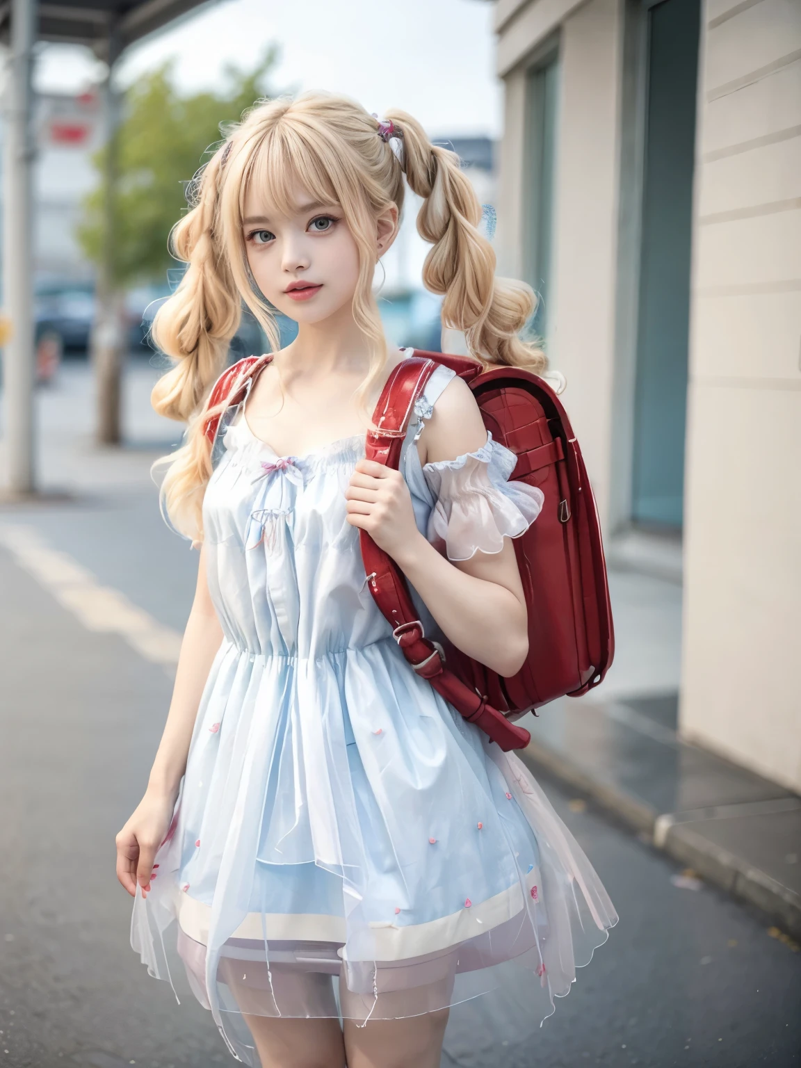 (highest quality、masterpiece、8K、best image quality、hyper realism、Award-winning work)、(solo:1.1)、(1 photo:1.1)、(Feminine and girly cute light pink frilly lolita dress:1.2)、(Perfect straight twin tails:1.2)、(low length:1.1)、(Height: 160cm:1.1)、small breasts、emphasize body line、slender body、Standing gracefull、Full body photo of a woman standing gracefully、accurate anatomy、perfect makeup、long eyelashes、glossy lips、Ultra high definition glossy skin、(Ultra-high definition bright and beautiful skin:1.1)、Ultra-high definition glossy lips、Super high definition beautiful teeth, wearing red backpack, (red backpack:1.2)