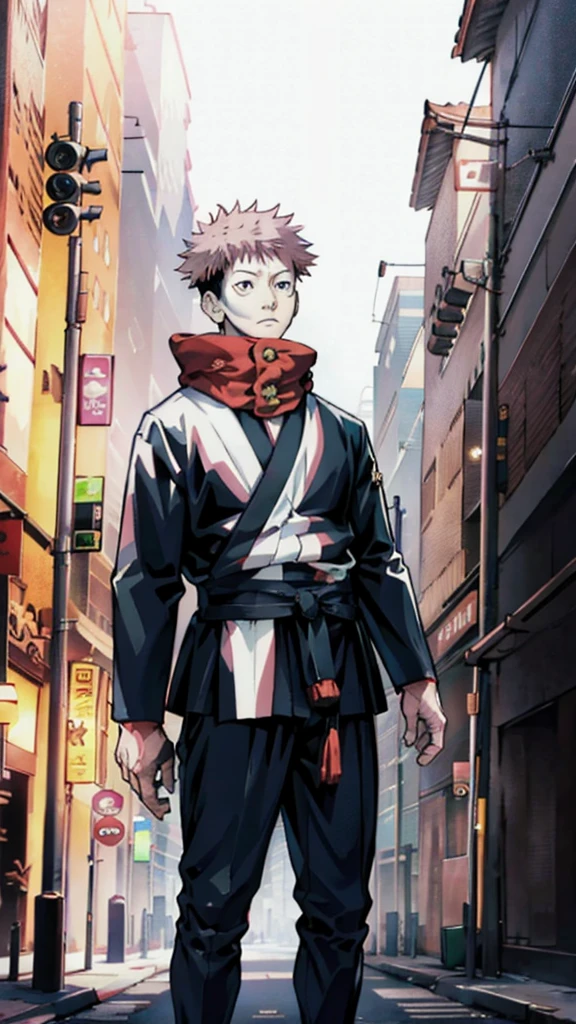 a handsome, dashing, young man in the manga series "Jujutsu Kaisen" named, Ita Dori Yuji" with his characteristic clothes, black hoodie, and red shoes, pink hair, with high quality anime photo resolution HD, 4K. with a sparkling background light, fantasy that saves the body, as well as dynamic effects, urban atmosphere, cyberpunk,.AND STANDING IN THE MIDDLE OF THE CITY while holding a katana.