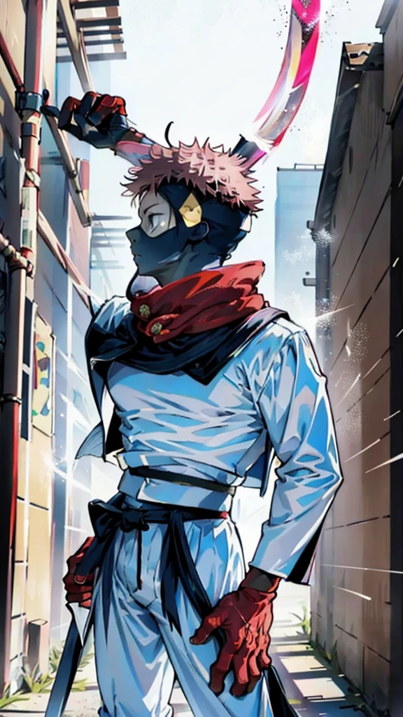 a handsome, dashing, young man in the manga series "Jujutsu Kaisen" named, Ita Dori Yuji" with his characteristic clothes, black hoodie, and red shoes, pink hair, with high quality anime photo resolution HD, 4K. with a sparkling background light, fantasy that saves the body, as well as dynamic effects, urban atmosphere, cyberpunk,.AND STANDING IN THE MIDDLE OF THE CITY while holding a katana.