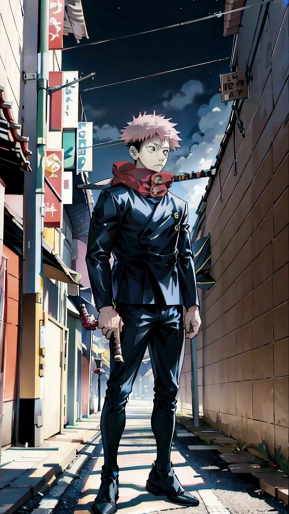 a handsome, dashing, young man in the manga series "Jujutsu Kaisen" named, Ita Dori Yuji" with his characteristic clothes, black hoodie, and red shoes, pink hair, with high quality anime photo resolution HD, 4K. with a sparkling background light, fantasy that saves the body, as well as dynamic effects, urban atmosphere, cyberpunk,.AND STANDING IN THE MIDDLE OF THE CITY while holding a katana.