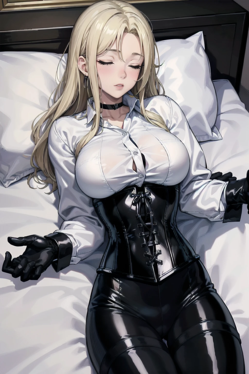 Masterpiece, Superior image quality, high resolution, 4k image,photo and gross, photorealistic, whole body, ung girl of 15 years, {{{vagina}}}, asleep, lying on a bed, View from above, big breasts, beautiful face, Long blonde hair, Closed eyes, expresión asleep, choker:1.6, (white collar button down long sleeve shirt), black gloves, gloves that cover hands, (black leather corset), (shiny black leggings), Sensual Lips, elegant room, at night
