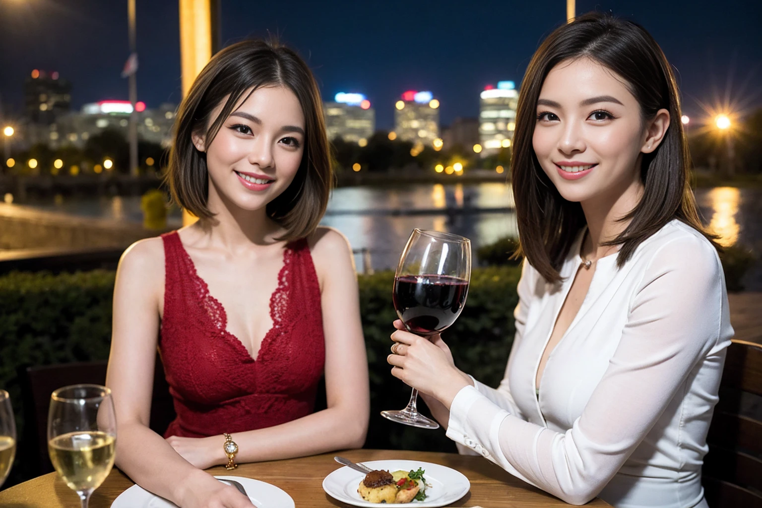 ((Highest quality、8K、masterpiece:1.3))、Shortcuts、cute、slimカップル、modelカップル、actress男優、(Realistic, Intricate details:1.2), full-course dinner、Wine Party、Amazing view of the sunset sky and clouds、A bright smile、short hair,Bright Face、 (Age 45), 42 years old, red wine 、Appetizers、Italian food、Wine bottle、Champagne、sparkling wine、Two beauties、Brown Hair、Shortcuts、Long sleeve shirt、dress、Beautiful woman 1, (slimな顔), (The body is slim), (Brown Hair), (Shortcuts), cheeks turn a little red,Attractive beauty、restaurant, In a prominent place (From the waist up) Nova Frog Style, actress, model, Upper Body, White wine, slim, wine glass, 中央に置かれたwine glass, smile, (smile: 1.15), Beautiful fine grain, Depth f/2,saturation, High Contrast, Strong light and shadow,Moist Body:1.5、3D texture、Delicate eyes、Brown Hair、The hair is very shiny、