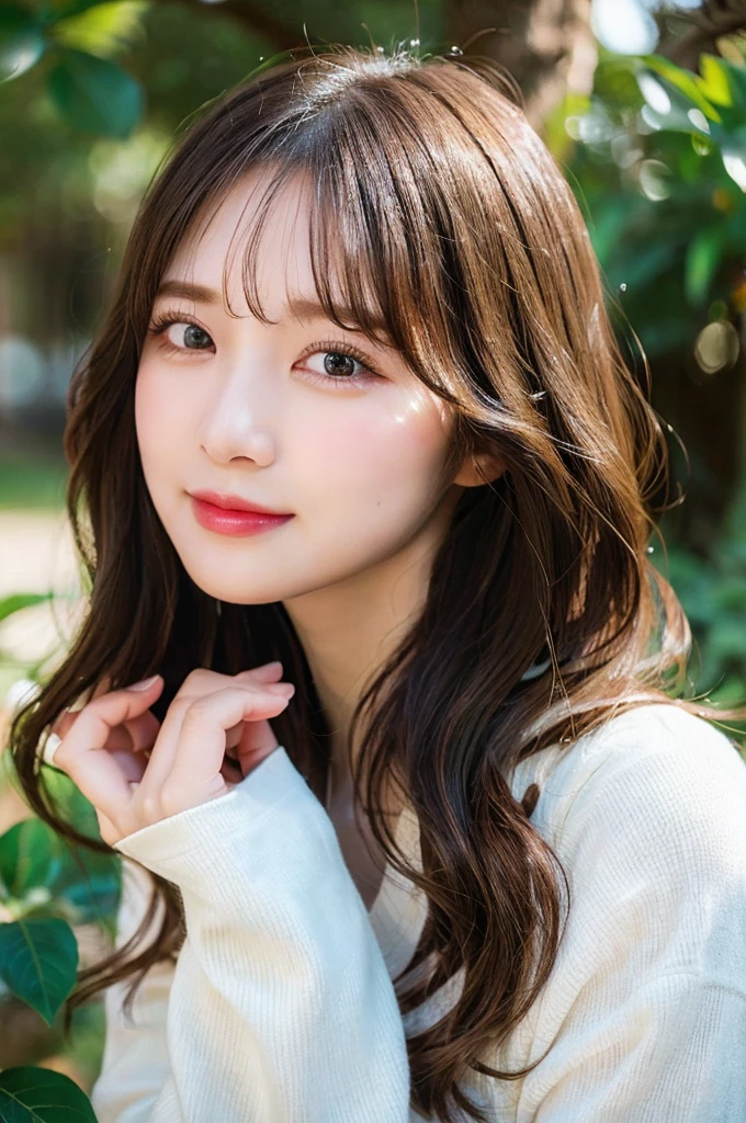 high-level image quality, 1 female, smiling, Wavy Hair, ((Detailed face:1.2)), pale skin, (cold color), moist, reflector stay piece, (perfectly proportions), (photos realistic), (Best Quality), photographed in a Canon EOS R5, 50mm Lens, (8K), very long upper eyelashes, very long lower eyelashes, Detailed lashes, Curled eyelashes, Natural eyes, very beautiful eyelashes