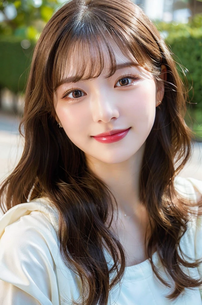 high-level image quality, 1 female, smiling, Wavy Hair, ((Detailed face:1.2)), pale skin, (cold color), moist, reflector stay piece, (perfectly proportions), (photos realistic), (Best Quality), photographed in a Canon EOS R5, 50mm Lens, (8K), very long upper eyelashes, very long lower eyelashes, Detailed lashes, Curled eyelashes, Natural eyes, very beautiful eyelashes