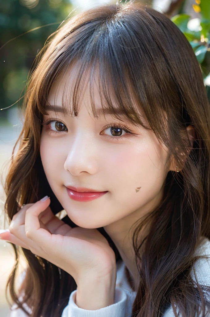  high-level image quality, 1 female, smiling,  Wavy Hair, ((Detailed face:1.2)), pale skin, (cold color), moist, reflector stay piece, (perfectly proportions), (photos realistic), (Best Quality), photographed in a Canon EOS R5, 50mm Lens, (8K), very long upper eyelashes, very long lower eyelashes, Detailed lashes, Curled eyelashes, Natural eyes, very beautiful eyelashes