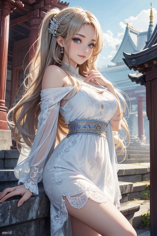 (Highest quality,Very detailed,High resolution,masterpiece,8K),Bright and vibrant colors,Official artwork,whole body,Standing posture,above the knee shot,Stylish makeup,Silver blonde medium-long hair fluttering in the wind、Captivating eyes,Glossy Lips,Off the shoulder、White lace dress,Cute girl with ample breasts,Beautiful neckline, Holding,Captivating smile,Solemn atmosphere,An ancient and majestic temple、