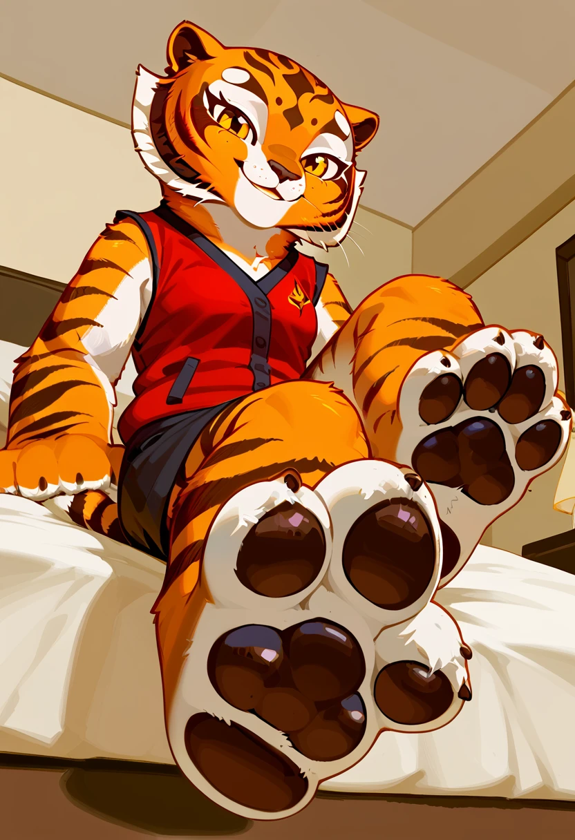 Solo, score_9,score_8_up score_7_up, anthro, Master Tigress, tiger, female, clothed, red clothes, cute smiling, looking at viewer, sitting, on a bed, low angle shot, close up, feet, paws, focus on feet, pawpads, pawpad, cute paws, fluffy feet, (fluffy paws:1.1) furry paws, (sfw:1.2), four toes, 4 toes,