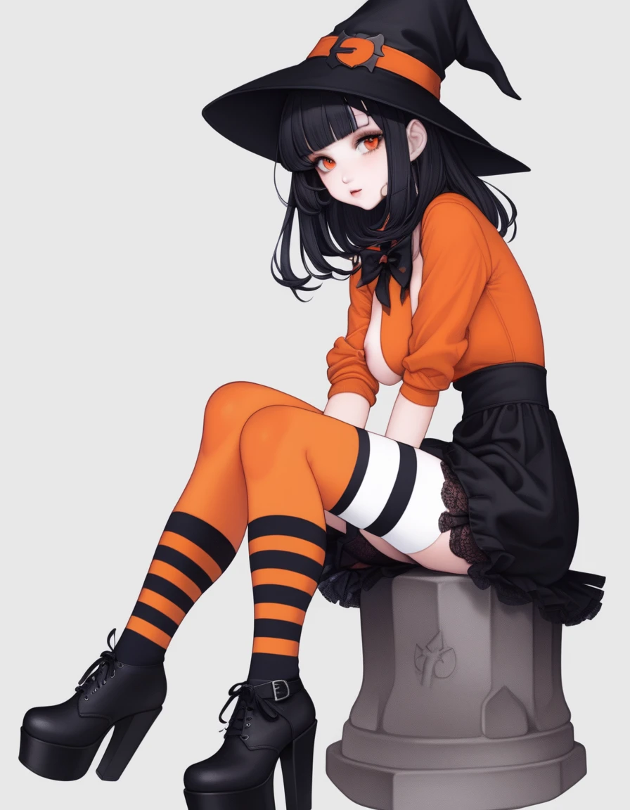 Cute girl, bright orange and dark black, white thigh-high socks, platform heels, gothic style, small bust, witch, simple background,nsfw