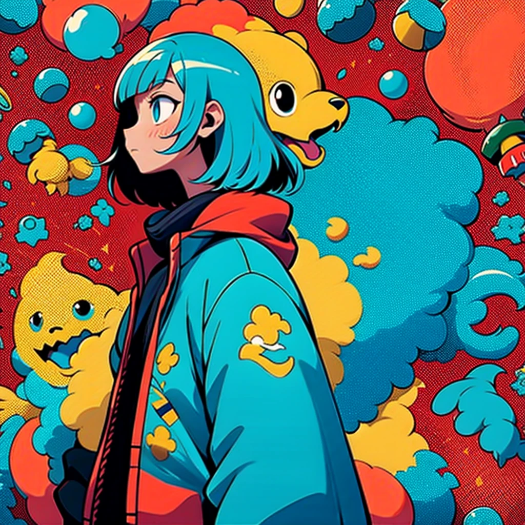 Stylized anime illustration BREAK Profile focused on character in background BREAK Short-haired white character wearing a large hooded jacket, BREAK looks to the side with a calm expression。The complex background of machine gears and cogs、Expressed in a variety of soft colors。, Create complex yet harmonious mosaics