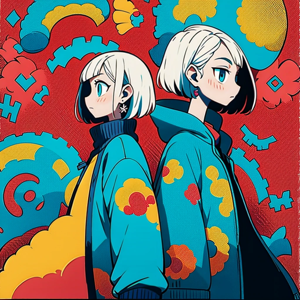 Stylized anime illustration BREAK Profile focused on character in background BREAK Short-haired white character wearing a large hooded jacket, BREAK looks to the side with a calm expression。The complex background of machine gears and cogs、Expressed in a variety of soft colors。, Create complex yet harmonious mosaics