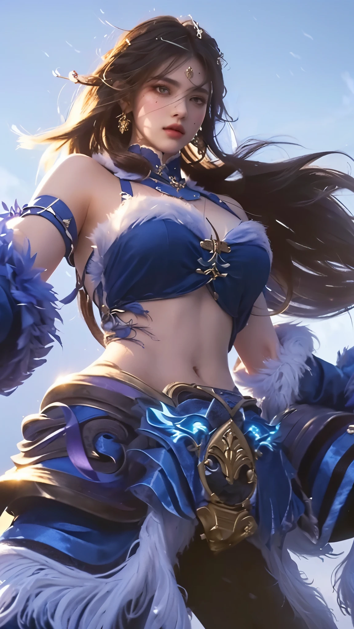 a woman in a blue outfit holding a sword, beautiful detailed eyes, beautiful detailed lips, extremely detailed facial features, longeyelashes, realistic, photorealistic, 8k, ultra-detailed, masterpiece, portrait, dramatic lighting, cinematic, vibrant colors, fantasy, elegant, regal, powerful