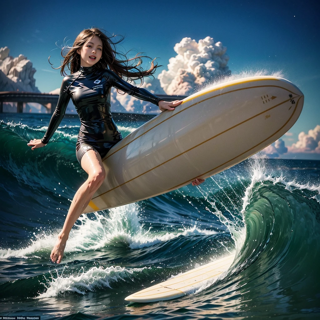 (ZoomedOut:1.28, Wide-shot) (Epic photo of surfer magazine:1.37). (Everything Wetted:1.6) WetHair (extremely detailed KAWAII wet face)(SparklingHighlights:1.28), Dynamic Joyful Expressions LifeLike Rendering (ManoErina:1.0) . Overflowing Gigantic Sideboob, Detailed wet clothing texture, (Starry Iridescent Particles), (There is only one Surfboard)