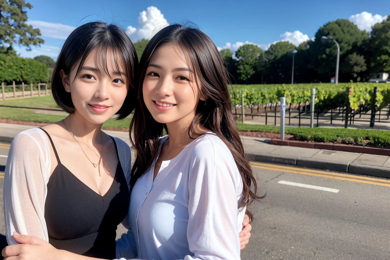 ((Highest quality、、masterpiece:1.3))、1 male、1 female,44 years old 39 years old、Please shine a light on my face、Slim Beauty、Beautiful couple、Upper Body、smile、 (Slim face), (the body is スリム), (Brown Hair), (Shortcuts), テーブルのフルコースディナーとwine glass、Amazing view of the sunset sky and clouds、smileの美しさ、Wine bottle、sparkling wine、Long sleeve shirt、dress、White wine, red wine, wine glass, Beautiful fine grain, Depth f/2,saturation, High Contrast, Strong light and shadow,Moist Body:1.5、 texture、The hair is very shiny、