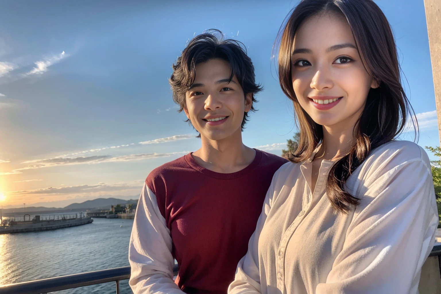 ((Highest quality、、masterpiece:1.3))、1 male、1 female,44 years old 39 years old、Please shine a light on my face、Slim Beauty、Beautiful couple、Upper Body、smile、 (Slim face), (the body is スリム), (Brown Hair), (Shortcuts), テーブルのフルコースディナーとwine glass、Amazing view of the sunset sky and clouds、smileの美しさ、Wine bottle、sparkling wine、Long sleeve shirt、dress、White wine, red wine, wine glass, Beautiful fine grain, Depth f/2,saturation, High Contrast, Strong light and shadow,Moist Body:1.5、 texture、The hair is very shiny、