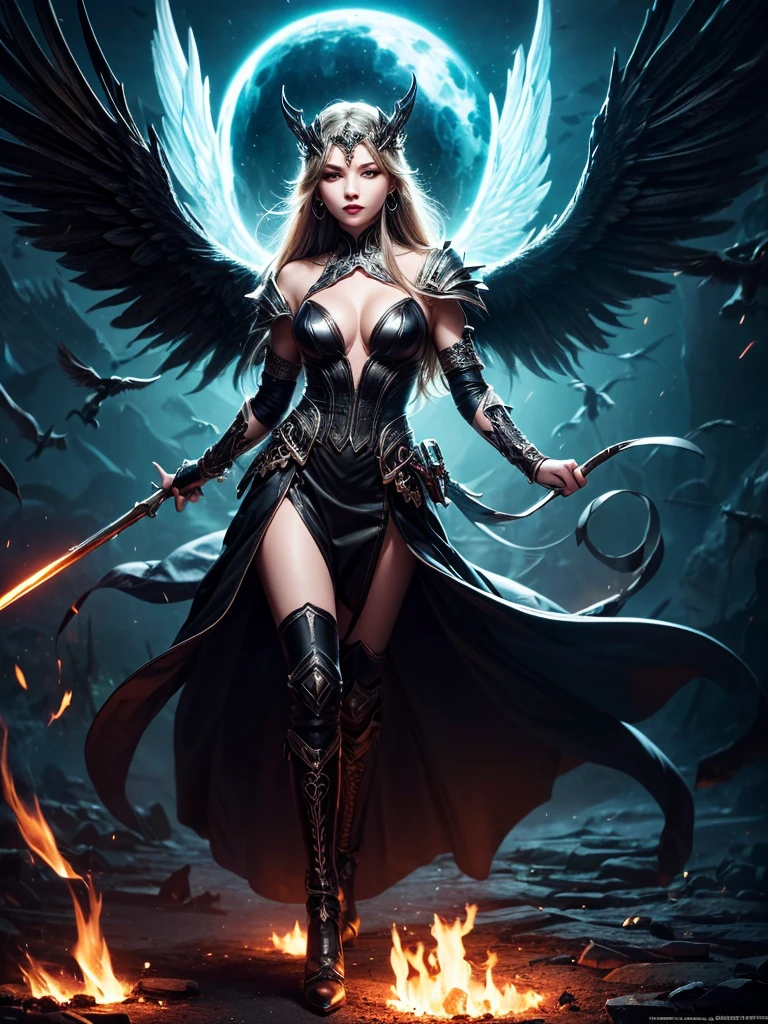 In the middle of the burning battlefield filled with broken swords and dead sodiers stand beatiful female fallen angel with black wings , she have beautiful face her eyes is golden yellow she have dark red lipstick and black eyeshadows she have piersing ring on her lip and cross shaped earrings on her ears her hair golden blond with black highlights with a blood red halo above her head, she dressed in sexy black leather armor with long skirt and black highheels boots with betal parts she have mystic symbols tattoo on her shouders, in her hand she holding long spear, (ultra high quality fantasy art, ghothic dark fantasy style, masterpiece, ultra high quality character design, 8k quality anime art, realistic anime art, top quality wallpaper illustration, detailed ultra high quality accurate face, high quality design and accurate physic)