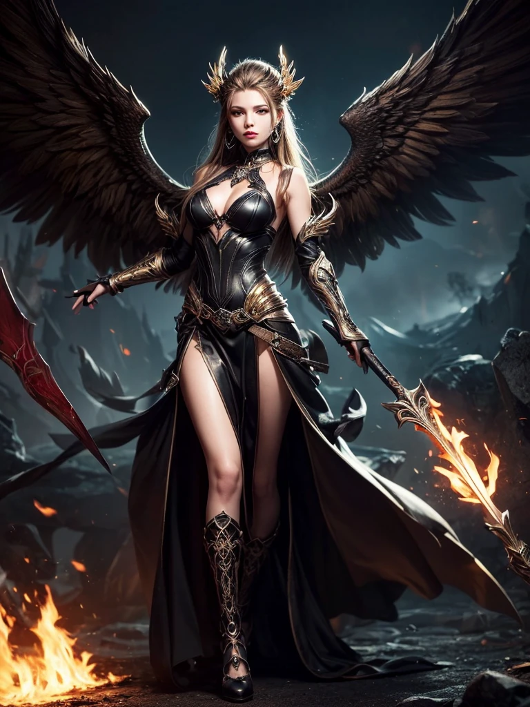 In the middle of the burning battlefield filled with broken swords and dead sodiers stand beatiful female fallen angel with black wings , she have beautiful face her eyes is golden yellow she have dark red lipstick and black eyeshadows she have piersing ring on her lip and cross shaped earrings on her ears her hair golden blond with black highlights with a blood red halo above her head, she dressed in sexy black leather armor with long skirt and black highheels boots with betal parts she have mystic symbols tattoo on her shouders, in her hand she holding long spear, (ultra high quality fantasy art, ghothic dark fantasy style, masterpiece, ultra high quality character design, 8k quality anime art, realistic anime art, top quality wallpaper illustration, detailed ultra high quality accurate face, high quality design and accurate physic)