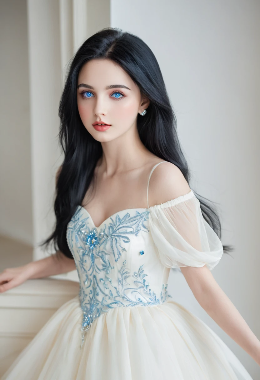 A beautiful and gorgeous young princess，With black hair and blue eyes, She was wearing a beautiful white dress