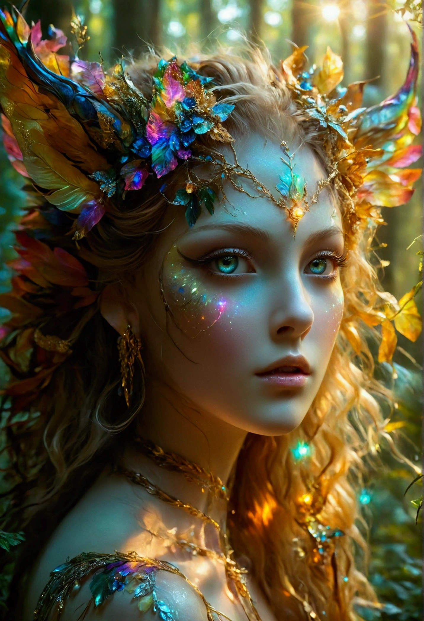 A beautiful, enchantingly elusive humanoid faunus woman, every aspect exudes magic in the midst of danger: shimmering rainbow fur, ethereal golden horn, and eyes that seem to hold the secrets of the universe. The mystical creature is surrounded by a lush, enchanted forest, bathed in the soft light of the setting sun, creating a dreamlike atmosphere that transports viewers to a realm of fantasy and wonder. This breathtaking image is a digital painting that captures the essence of the mythical creature with stunning detail and masterful technique, making it a truly mesmerizing work of art.
