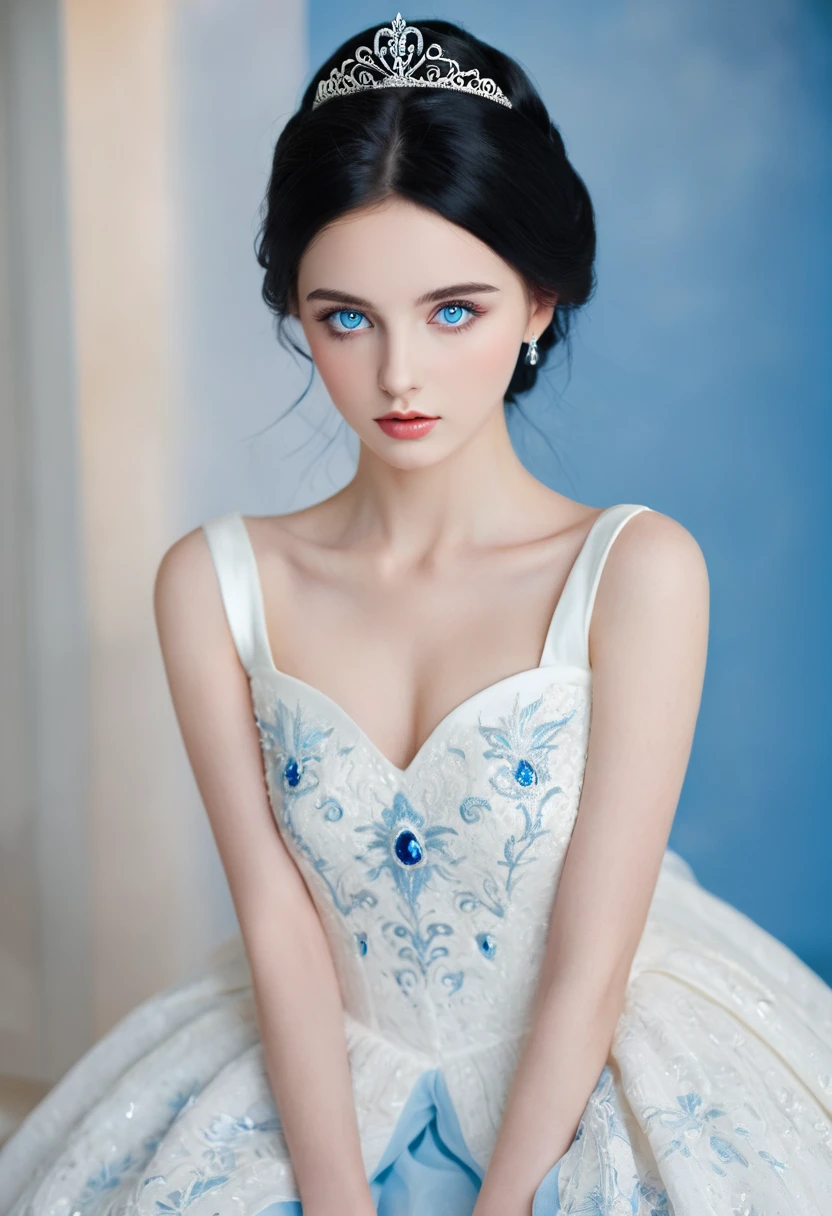 A beautiful and gorgeous young princess，With black hair and blue eyes, She was wearing a beautiful white dress