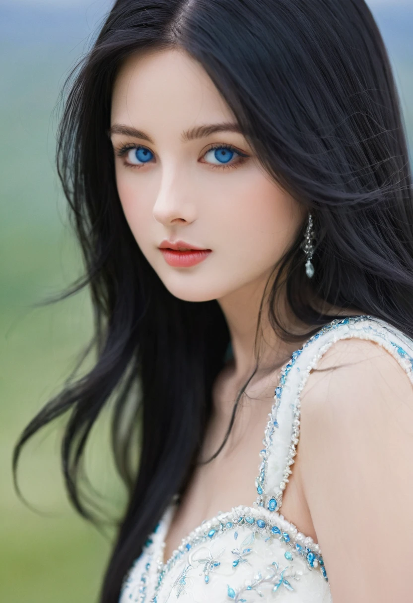 A beautiful and gorgeous young princess,With black hair and blue eyes, She was wearing a beautiful white dress