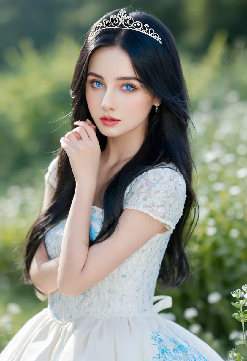 A beautiful and gorgeous young princess，With black hair and blue eyes, She was wearing a beautiful white dress