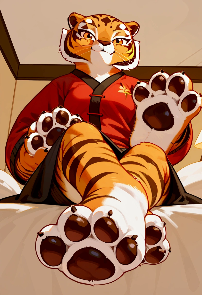 Solo, score_9,score_8_up score_7_up, anthro, Master Tigress, tiger, female, clothed, smiling, looking at viewer, sitting, on a bed, low angle shot, close up, feet, paws, focus on feet, pawpads, pawpad, cute paws, fluffy feet, furry paws, (sfw:1.2)