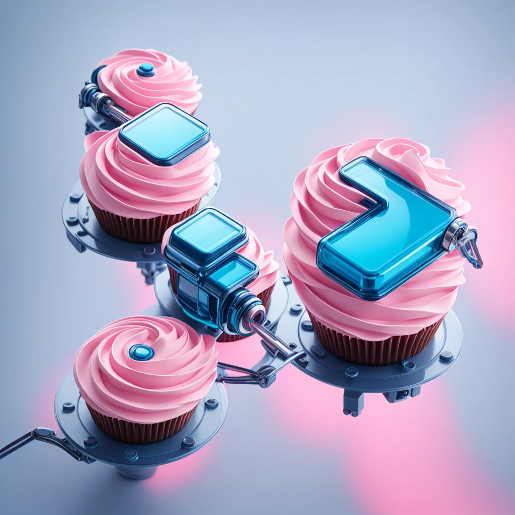 High quality cupcake robot digital art, light rain, Pink and blue circuits, Double contact, Close-up portrait, (Double contact:1.05), Elegant Theme, Octane Rendering, , concept photo, 8K, light, Negative Space, 美丽的light, Product Image