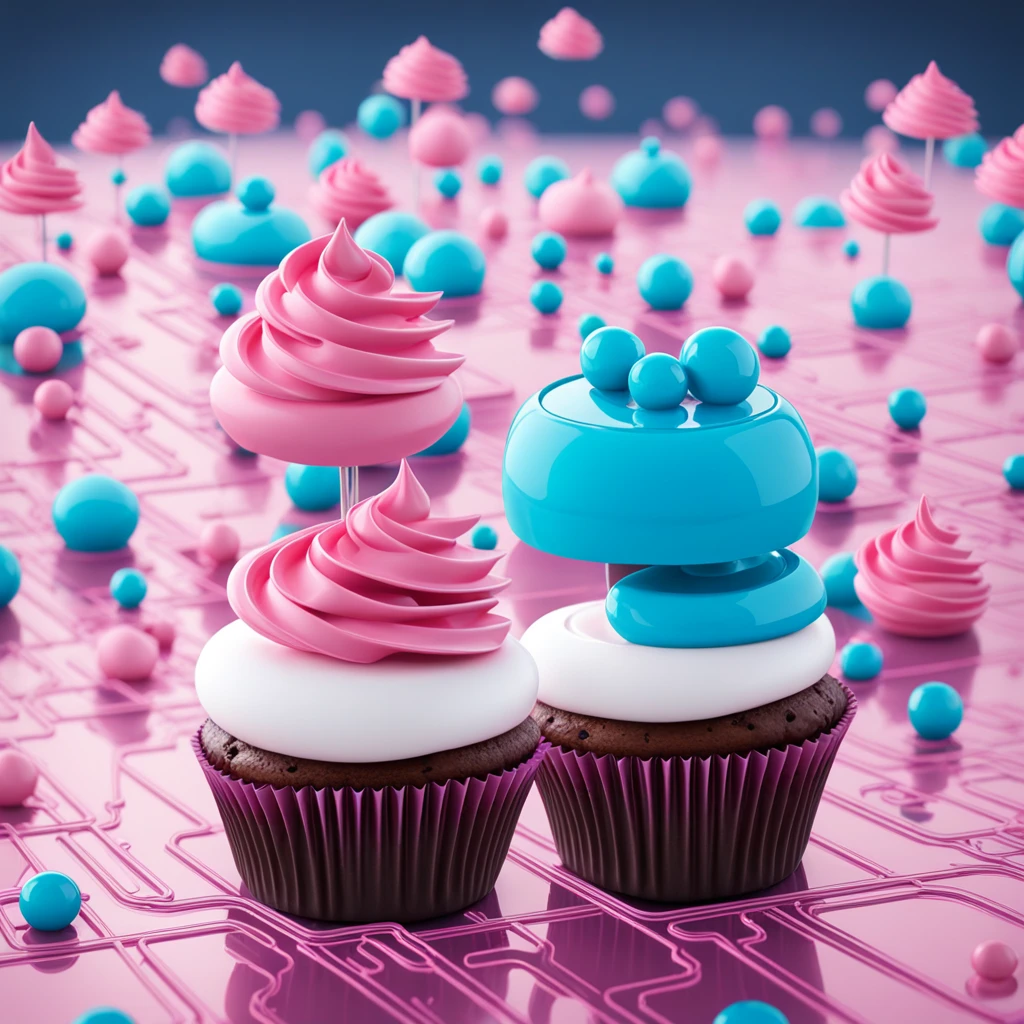 High quality cupcake robot digital art, light rain, Pink and blue circuits, Double contact, Close-up portrait, (Double contact:1.05), Elegant Theme, Octane Rendering, , concept photo, 8K, light, Negative Space, 美丽的light, Product Image
