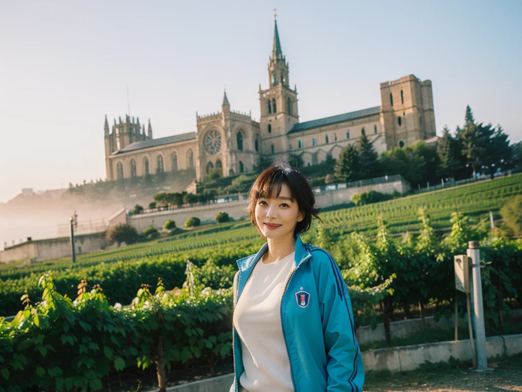 high quality, 1 woman, ((36-year-old healthy Korean woman)), ((36 years old)), 1 woman, eyes are big and beautiful. ((slim)), ((short medium hair)), Smile. pose: standing, windbreaker jacket, background: 1 woman, Vineyards in Piedmont, Italy, The cathedral can be seen in the distance through the early morning fog.. Full body shot with 16-34 wide angle lens, The cathedral can be seen through the foggy vineyards., looking up the side