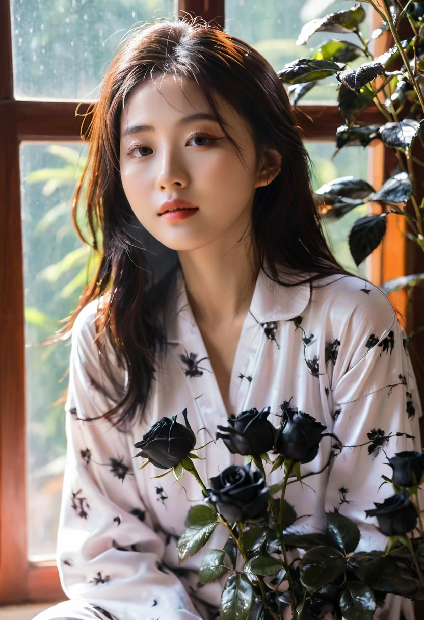 Girl surrounded by black roses, The sun shines in through the window, Create a warm and pleasant atmosphere. She was wearing wet pajamas, Asian Myanmar Girls, Practical, best quality, photo-Practical 8k, (best quality:1.1), masterpiece, (Practical:1.1), photo-Practical