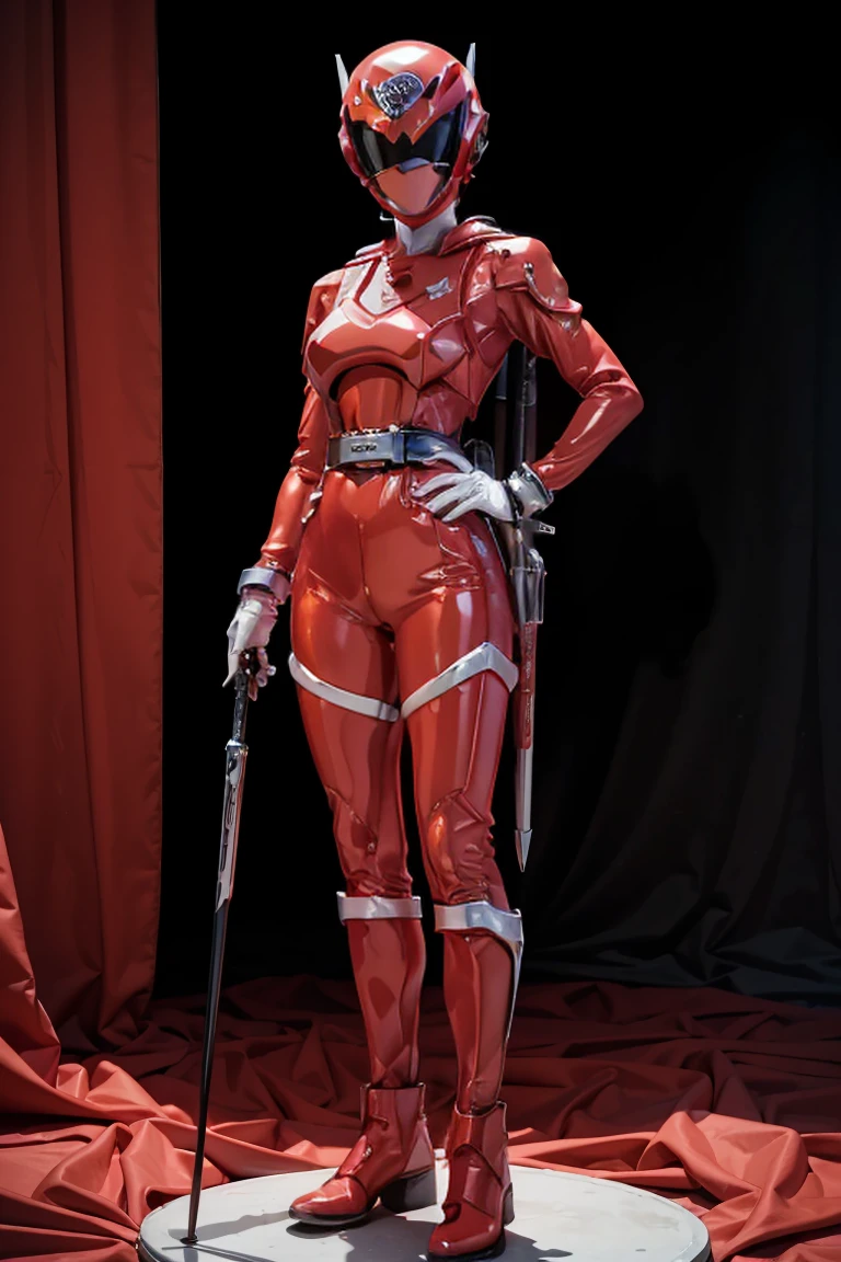 masterpiece, best quality, genny, hairband, red sweater, frilly white skirt, sneakers, standing, looking at viewer power suit, powerranger, suit, spd, (Power ranger suit), gold detail, masked,