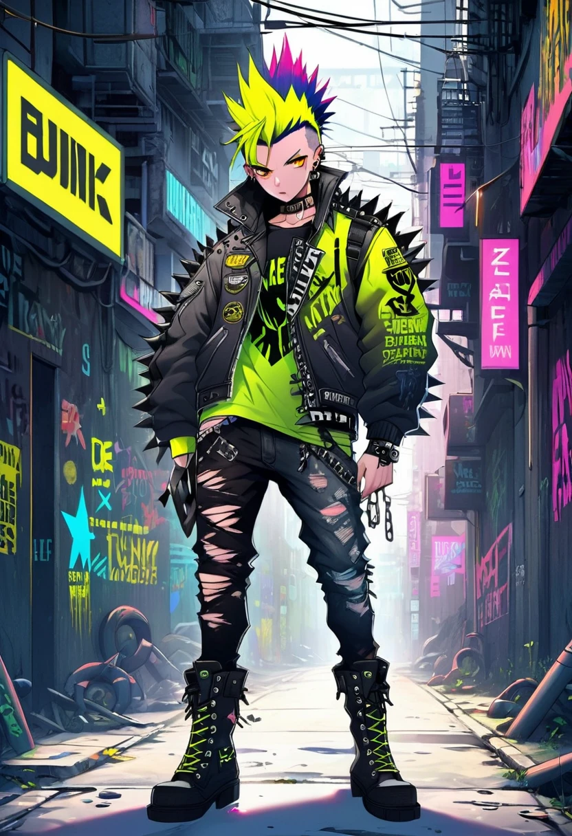 A man with a metal punk style is walking down the streets in a dystopian world. The scene is set in a world dominated by metallic elements and punk aesthetics. The man's appearance is characterized by a rebellious and edgy fashion style, with an outfit consisting of leather jackets, ripped jeans, and heavy metal accessories along with military style boots. His hair is spiked and dyed in vibrant neon colors, showcasing his fierce personality. In terms of art style, the prompt emphasizes the fusion of punk aesthetics with a dystopian world, resulting in a unique blend of urban grit and metallic elements. This combination creates a visually striking and thought-provoking image. The color palette is dominated by dark hues, with accents of vibrant neon colors to create a contrast and enhance the futuristic atmosphere.