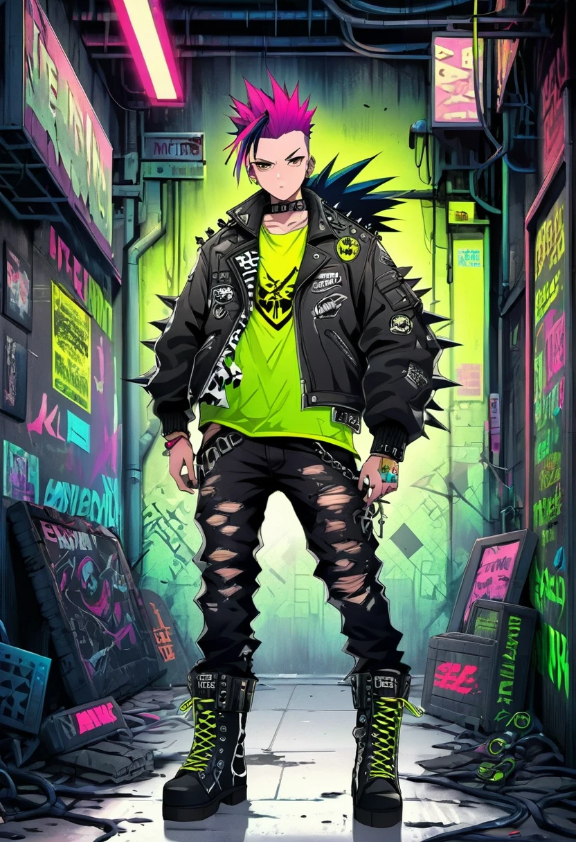 A man with a metal punk style is walking down the streets in a dystopian world. The scene is set in a world dominated by metallic elements and punk aesthetics. The man's appearance is characterized by a rebellious and edgy fashion style, with an outfit consisting of leather jackets, ripped jeans, and heavy metal accessories along with military style boots. His hair is spiked and dyed in vibrant neon colors, showcasing his fierce personality. In terms of art style, the prompt emphasizes the fusion of punk aesthetics with a dystopian world, resulting in a unique blend of urban grit and metallic elements. This combination creates a visually striking and thought-provoking image. The color palette is dominated by dark hues, with accents of vibrant neon colors to create a contrast and enhance the futuristic atmosphere.