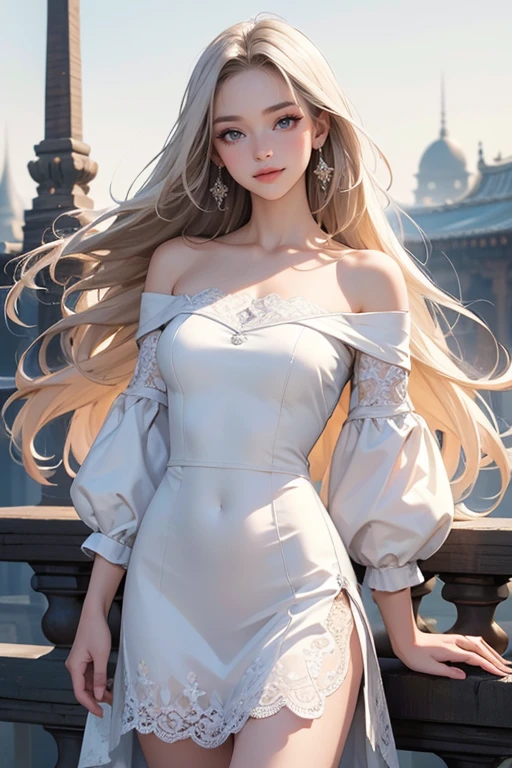 (Highest quality,Very detailed,High resolution,masterpiece,8K),Bright and vibrant colors,Official artwork,whole body,Standing posture,above the knee shot,Stylish makeup,Silver blonde medium-long hair fluttering in the wind、Captivating eyes,Glossy Lips,Off the shoulder、White lace dress,Cute girl with ample breasts,Beautiful neckline, Holding,Captivating smile,Solemn atmosphere,An ancient and majestic temple、