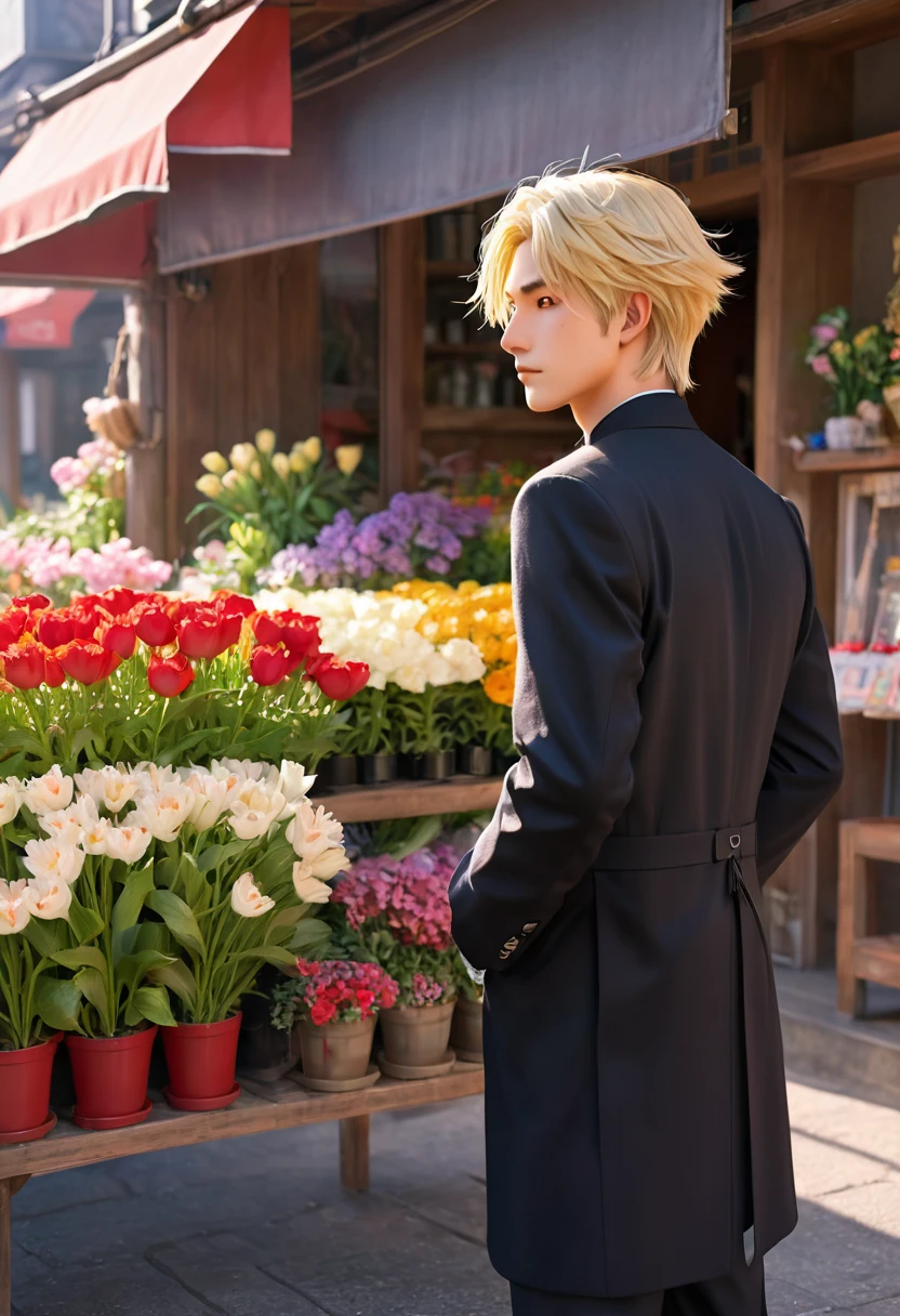 Extremely refined, Astonishing, Fine details, masterpiece, Extremely detailed, high resolution,Best Illustration Award, The best shadow,complex,Clear focus, high quality, 1 male, Solitary, blond. Red Eyes, Genshin Impact, In front of the flower shop, Potted flowers, Flowers for sale