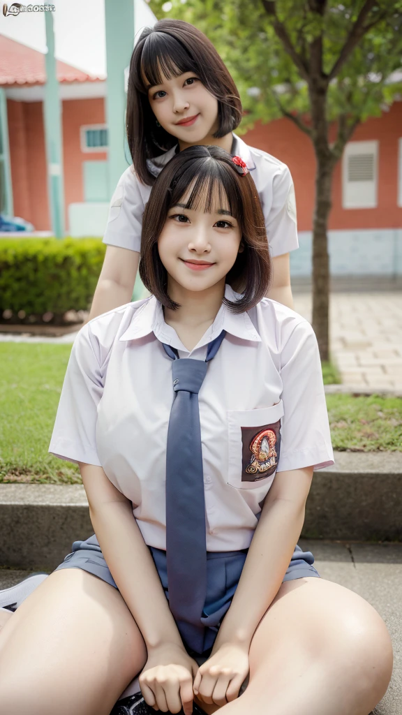 (8K), (Best Quality: 1.2), (Realistic), (Photorealistic: 1.37), Ultra High Definition, 1 Girl, Cute, Smile, Closed Mouth, Beautiful Details, Beautiful Nose, Full Body, Wet Hair, Colossal Dalsefo, Pork, , Thighs, Focus on vagina, RAW, Best quality, high resolution, masterpiece: 1.3), naked, open legs sitting showing vagina, open legs showing vagina, porn, creamy vagina, squirting, penis on vagina, on a top, ((senior high school clothes)), orgasm, highres, 4k, HDR, 1girl, realistic, big breasts, short wavy hair, ((whole body)) turning away facial at viewer, closeup, school building background.