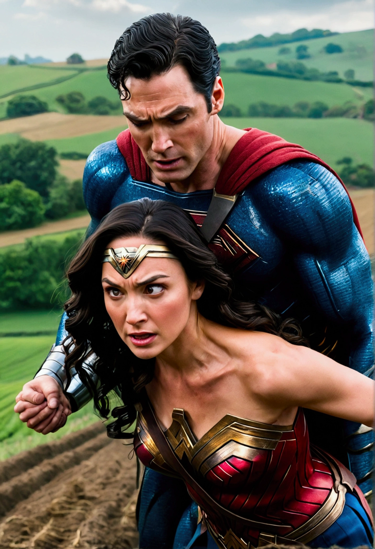 cgi image Wonder Woman with a shock pain face leaning forward. Background, superman standing close behind wonder woman holding arms tightly, stopping her from leaving and a farm field