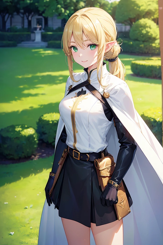(((masterpiece; best quality: 1.2))), (finely detailed eyes: 1.3), (25 year old elf woman), (solo), (green eyes: 1.4), (body; buxom, fit, femenine: 1.3), (silky blonde hair in low ponytail: 1.3), (beautiful and clear background: 1.2), ((depth of field)), (equipment: adventurer attire + modest + long white tunic-coat + black cape + black longskirt + gloves + belt + pouches: 1.3), (anime illustration: 1.2), (background composition; royal garden: 1.1), (extremely fine and beautiful: 1.1), (shot composition; standing + centered on torso + close-up: 1.5), (expression; calm, smile: 1.2)