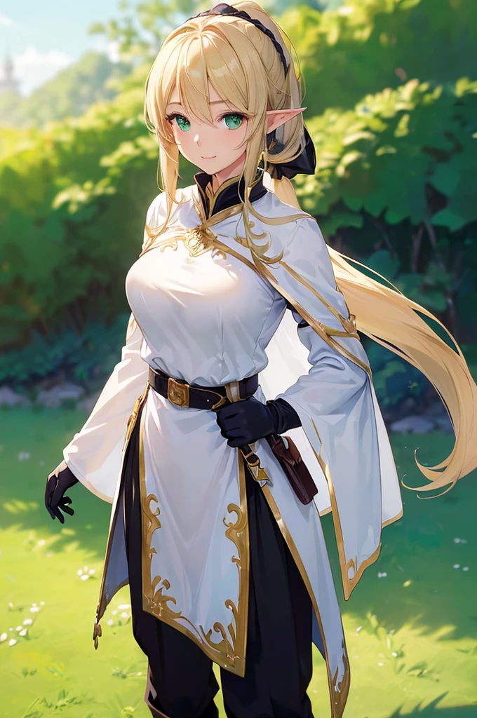 (((masterpiece; best quality: 1.2))), (finely detailed eyes: 1.3), (25 year old elf woman), (solo), (green eyes: 1.4), (body; buxom, fit, femenine: 1.3), (silky blonde hair in low ponytail: 1.3), (beautiful and clear background: 1.2), ((depth of field)), (equipment: adventurer attire + modest + long white tunic-coat + black cape + black longskirt + gloves + belt + pouches: 1.3), (anime illustration: 1.2), (background composition; royal garden: 1.1), (extremely fine and beautiful: 1.1), (shot composition; standing + centered on torso + close-up: 1.5), (expression; calm, smile: 1.2)